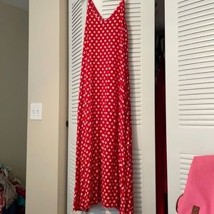 Red dress with polka dots.